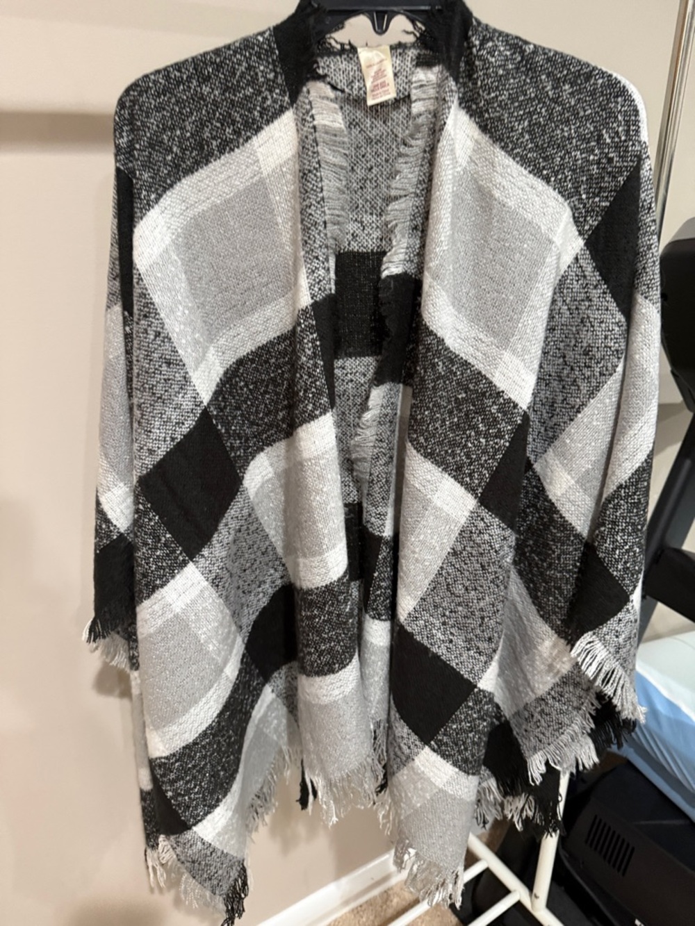 Black & White Plaid Fringe Poncho